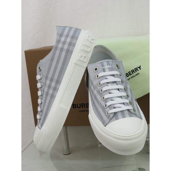NIB BURBERRY JACK GRAY CHECK CANVAS LOGO WHITE CAP TOE SNEAKERS 43 10 ITALY - Picture 6 of 12